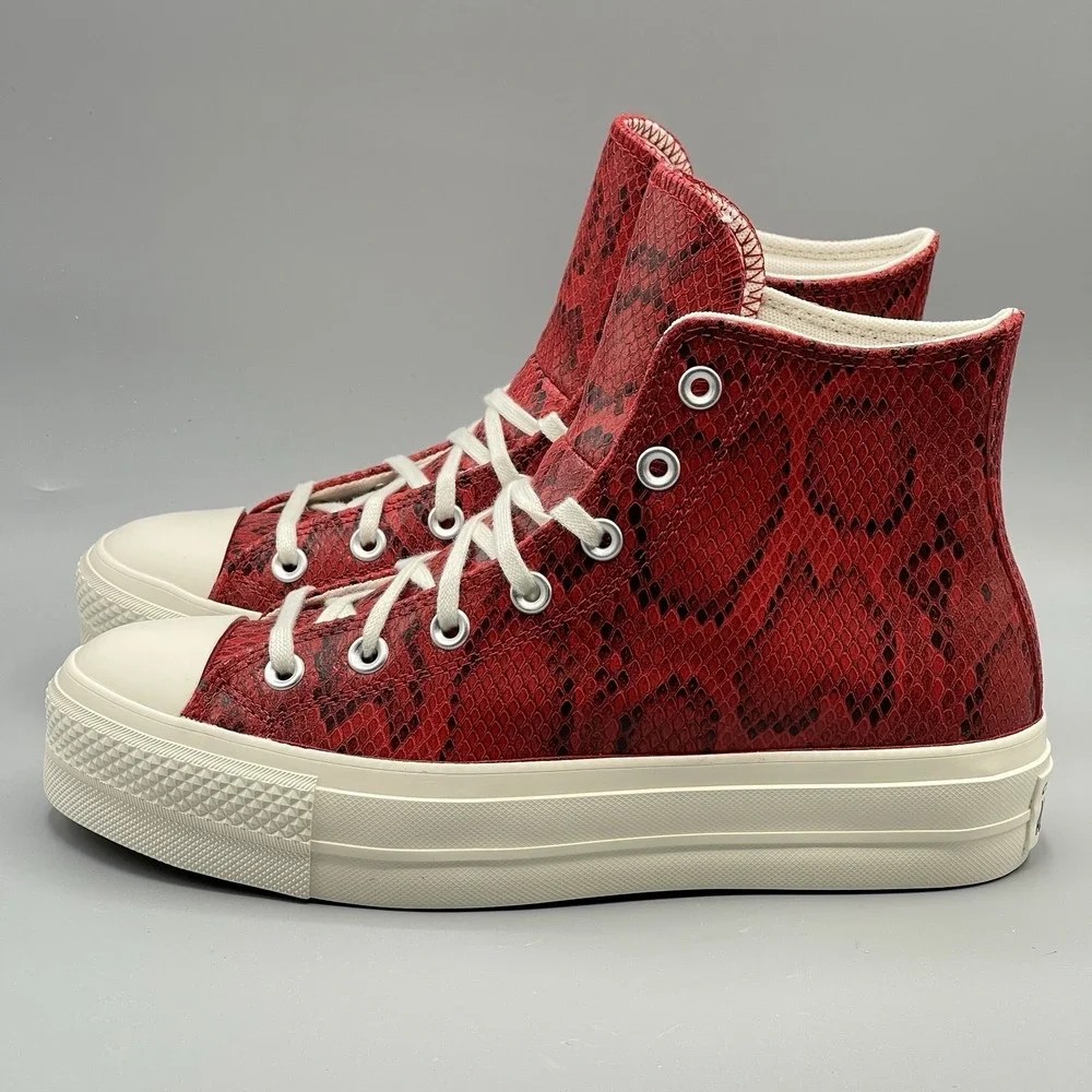 Converse Women's 6.5 Red Sneakers Hi Leather Platform Snakeskin A13392C Festive - Picture 3 of 13